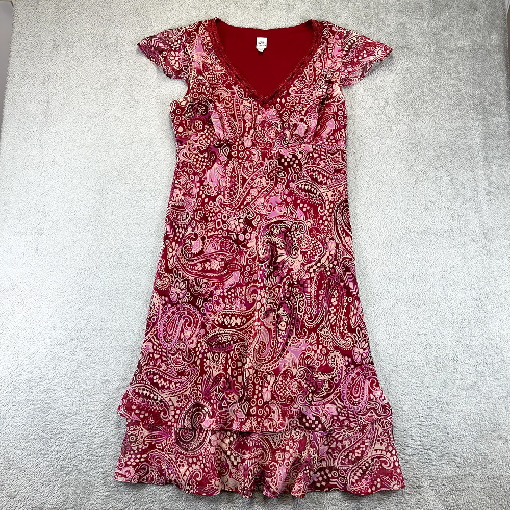 Vintage Y2K Red Pink Chiffon Coquette Paisley Flirty Midi Dress Women’s 12